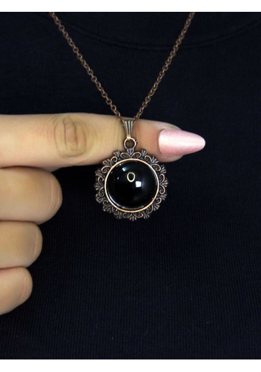 Doğal Taş Oniks Doğal Taşlı Desenli Otantik Kadın Kolye 45 Cm Zincirli Bakır Rengi Euk28o2 Siyah