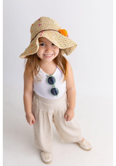 Oliventhekid Korsajlı Büzgülü Keten Kız Çocuk Pantolon Bej Bej