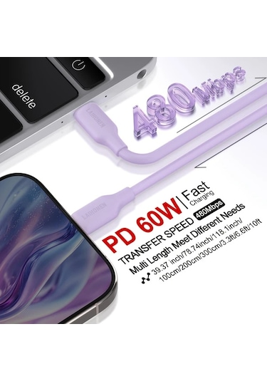 Willowhaven Beyaz 10ft 60w Usb C Kablosu Yumuşak Silikon Hızlı Şarj Macbook Uyumlu Samsung