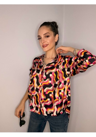 Ali Butik Retro Pembe Desenli Saten Gömlek Pembe
