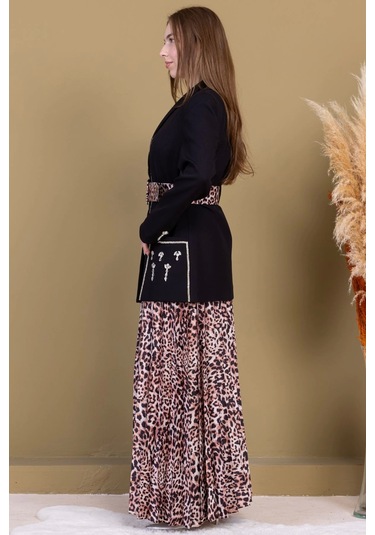 Leopar Desenli Ceketli Üçlü Takım 4715-siyah Siyah