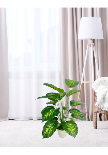 Yapay Çiçek Difenbahya Tropik Salon Çiçeği Beyaz Saksılı Yapay Bitki