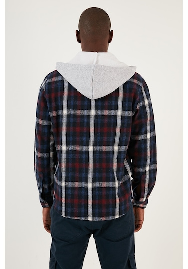 Buratti Ekoseli Çift Cepli Kapüşonlu Oduncu Erkek Gömlek Cf22W2650 Lacivert-Ekru