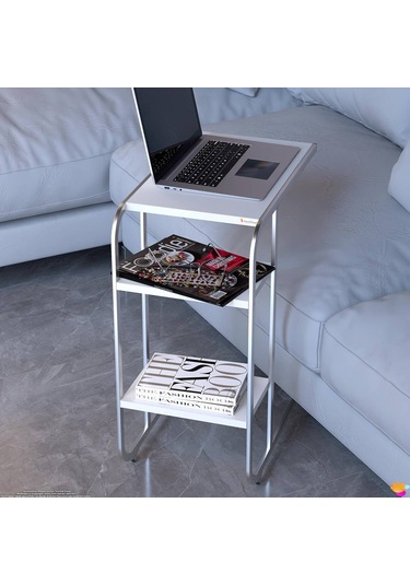 Modilayn C Yan Sehpa Dar Boy Tekerlekli Çalışma, Atıştırmalık, Yemek, Laptop Sehpası Beyaz Beyaz