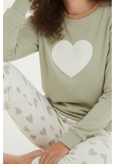 Luxury Thermal Büyük Kalp Desenli Kadın Polar Kışlık Pijama Takımı 42047 Haki