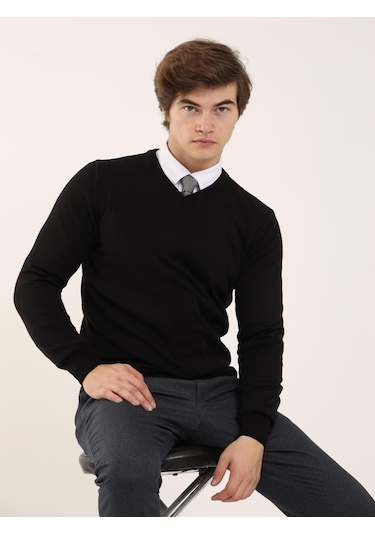 Dufy Siyah Erkek Slim Fit V Yaka Triko - 91127 Siyah
