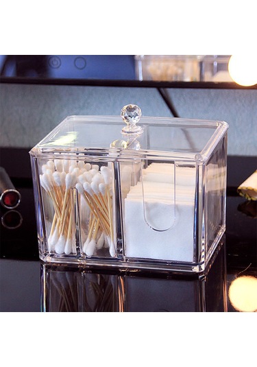 Qingmipy Transparan Akrilik Makyaj Organizatörü - Makyaj Vakaları, Koton Ve Q-tip Saklama Kutusu - Masaüstü Dekoratif Depolama Kutu
