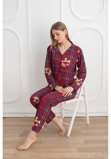 Kadın Mevsimlik Pamuklu Penye Pijama Takımı Önden Düğmeli Ekose