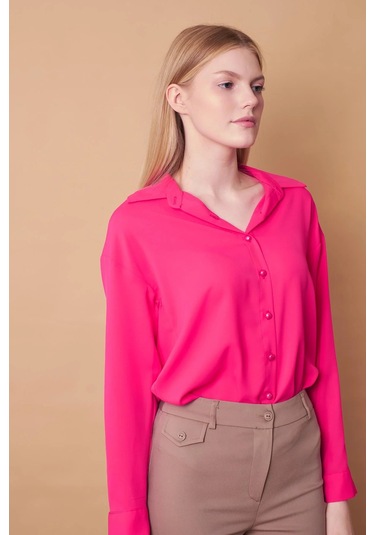 Kadın Yakalı Düşük Omuzlu Uzun Kol Likrasız Kumaş Gömlek-Fujya Fujya