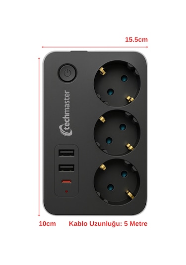 Techmaster 2 Usb + Type-c Akım Ve Çocuk Korumalı 3lü Kare Priz 5mt Diğer