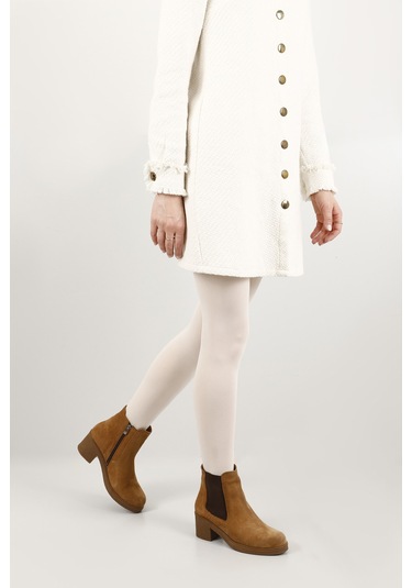 Gönderi R Açık Taba Süet Fermuarlı Kalın Topuklu Hakiki Deri Chelsea Bot Taba Süet