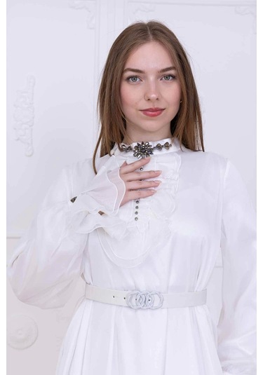 Yaka Fırfırlı Boncuk İşlemeli Şifon Abiye 2716-ekru Ekru