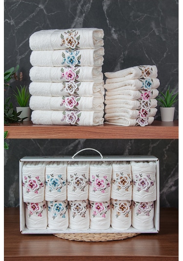 %100 Pamuklu 3d Çiçek İşlemeli 12 Li Analı Kızlı Çeyizlik Havlu Seti 50x90 Cm - 00030 Beyaz