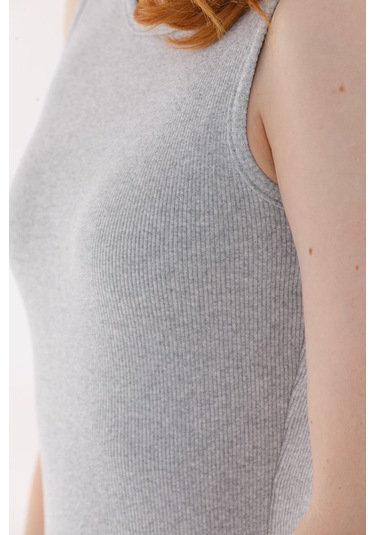 Kallima Gri Kolsuz Diz Üstü Mini Fitilli Esnek Örme Kalem Elbise Gri