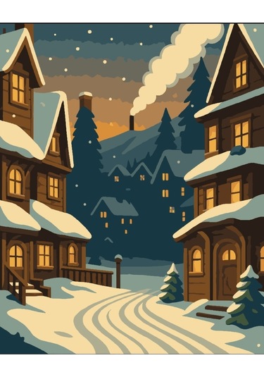 Denic Sayılarla Boyama Seti 40x50 Cm (Çıtalı) Fırça Boya Dahil Numaralı Tuval Kar Bina Manzara