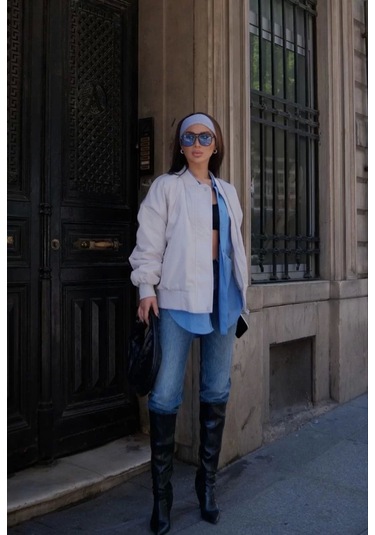 Cepli Bomber Ceket Mont - Beyaz Beyaz