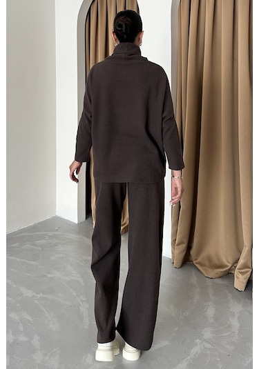 Modagen Kadın Selanik Kumaş Balıkçı Yaka Alt Üst Takım Kahve