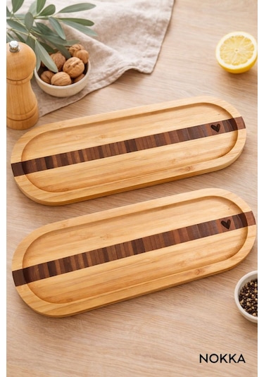 2 Adet Bambu Kalp Desenli Oval Sunum Tabağı 25,5 X 9,5 Cm Renksiz