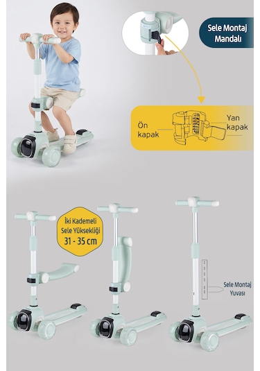 Prego Flow Müzikli Işıklı Oturaklı Çocuk Scooter Katlanabilir - Yükseklik Ayarlı Yeşil