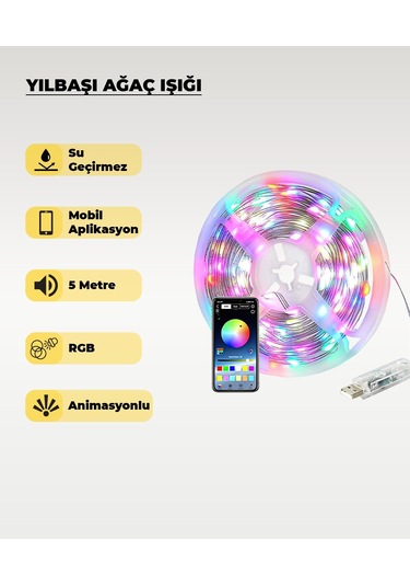 Yılbaşı Ağacı Şerit Led - 10 Metre- Telefondan Kontrol - Ses Duyarlı 5 METRE