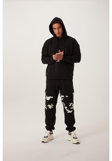 Polostate Erkek Kamuflaj Baskılı Kapüşonlu Sweatshirt Siyah