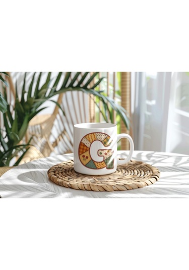 G Harfi Sonbahar Kış Temalı Yamalı Tasarım Kupa Bardak - Etnik Ve Pathwork Severlere Özel Hediye Beyaz