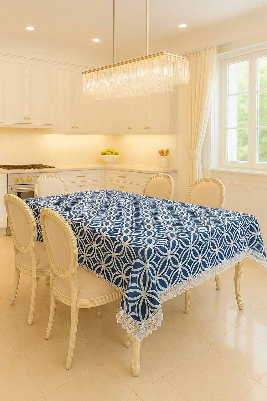 Lüks Lacivert Masa Örtüsü Dantel Kenarlı Silinebilir Kumaş Modeli Çok Renkli