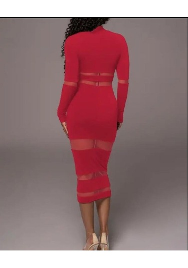 Tua Moda Kadın Şerit Transparan Detay Fırsat Ürün Midi Boy Elbise Kırmızı