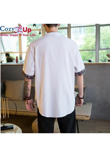 Rahat Up Çin Tarzı 1/2 Kollu Casual Gömlek Erkek İnce Stand Yaka Nakış Pamuk Ve Keten Gri Mavi Gri - Mavi