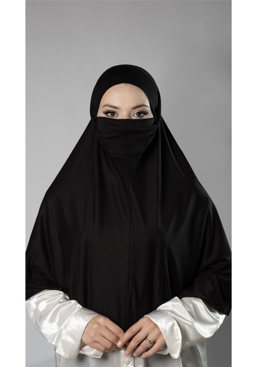 Siyah Pratik Hazır Geçmeli Tesettür Eşarp Viskon Arkası Lastikli Peçeli 2112 01