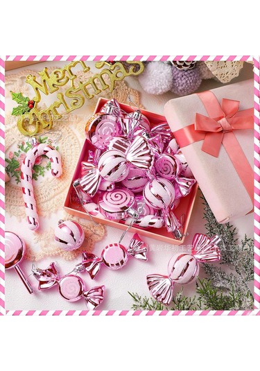 Geeksen 30 Parça Plastik Noel Şeker Süs Seti Pembe-beyaz: Nane Şekeri, Asa Şekeri, Çubuk Şeker Figürleri