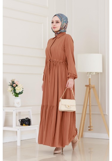 Gömlek Yaka Beli Tünelli Sare Elbise-kiremit-5070 Kiremit