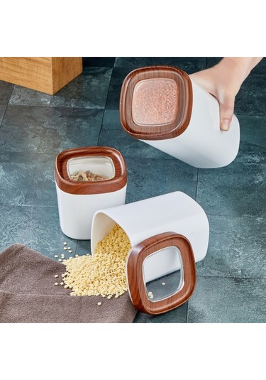 Ceronni Bonny Erzak Saklama Kabı 3lü Set Ahşap Kaplama Kapak Renkli Hazne 1,8lt - 1lt - 600ml Koyu Ahşap Ahşap
