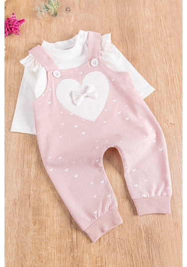 Kalp Desenli Fiyonklu Kız Bebek Tulum Salopet Takım Kırmızı