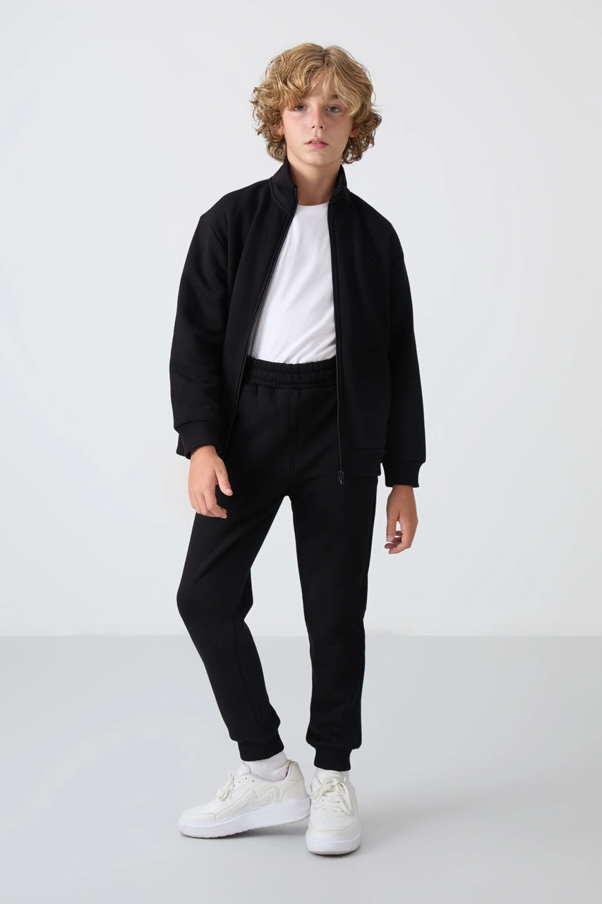 Siyah Pamuklu Kalın İçi Tüylü Yumuşak Dokulu Standart Fit Nakışlı Erkek Çocuk Eşofman Takım - 11256 Siyah