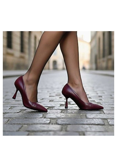 Gencer Leather Hakiki Deri Stiletto Ayakkabı Bordo Bordo