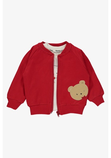 Ayıcık Nakışlı 3 Parça İkiiplik Kumaş Erkek Bebek Hırkalı Takım Mnk14142 Kırmızı