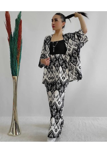 İpli Siyah Renk Desenli Ikili Kimono Takım Rahat Kalıp Siyah