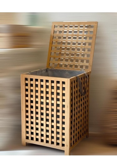 Bambu Kapaklı Kirli Çamaşır Sepeti Banyo Düzenleyici Modern Şık Tasarım Organizer Bambu