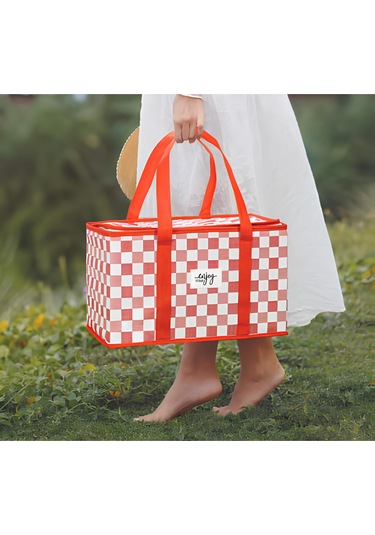 2 Adet Termo Lüks Piknik Çantası Kırmızı Ekoseli 35 X 20 X 20 Cm Kırmızı