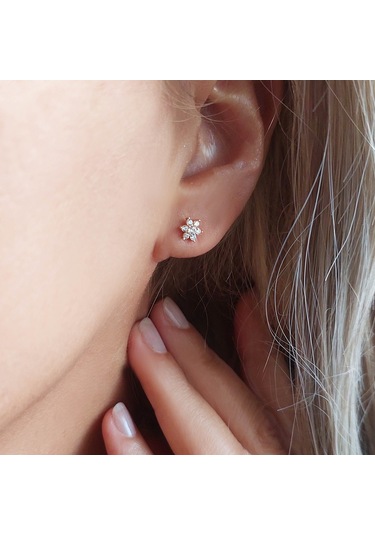 925 Ayar Gümüş Beyaz Taşlı Minimal Lotus Küpe Rose