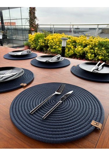 6 Lı Yuvarlak Supla Takımı Kolay Temizlenebilir, Modern Sofralar İçin Koyu Lacivert
