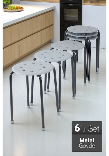 İronika Otto Metal Gövdeli Modern Tabure Mutfak Bahçe Taburesi - 6 Adet Gri Gri