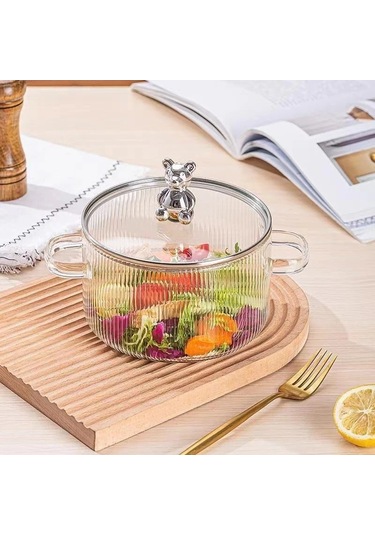 Morponi Borosilikat Cam Metal Çerçeveli Cam Kapaklı Ayıcık Figürlü 2000 Ml Cam Tencere Şeffaf