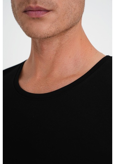 Comfort Fit Bisiklet Yaka Esnek Pamuk Düz Siyah Tişört Ts 915 Siyah