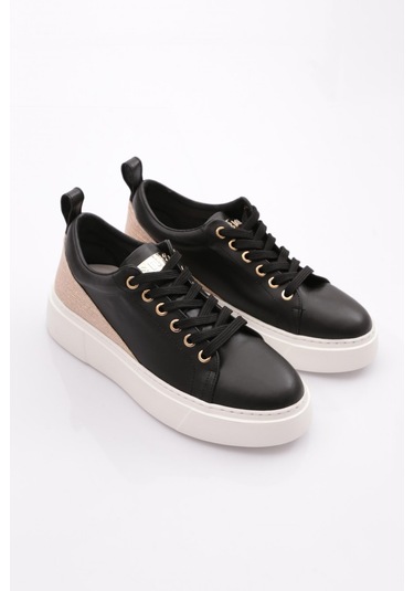 Dgn Es851 Kadin Kalin Taban Halhal Detayli Silver Taşli Sneakers Ayakkabi ES851-2007-R12593 Siyah - Beyaz