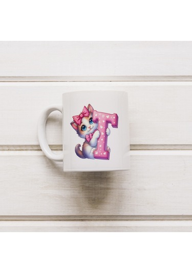 T Harfli Bardak, Sevimli Kedili Pembe Tasarım Bardak, Arkadaşa Aileye Hediye Porselen Beyaz