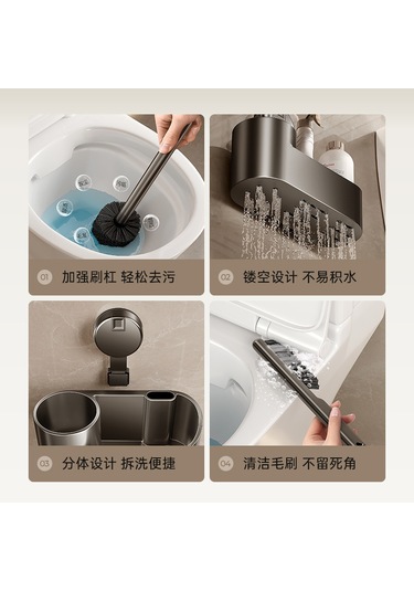 Vakumlu Duvara Monte Banyo Pratik Raflı Tuvalet Fırçası Gri