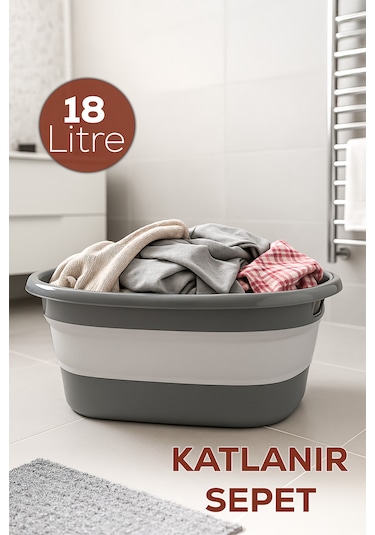 Porsima L-00959-2 Akordiyon Katlanır Sepet Katlanabilir Çamaşır Sepeti Orta Boy Katlanır Çamaşır Sepeti 18 Lt Gri