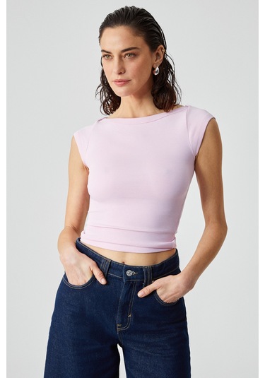 Grımelange Noemı Kadın Balerin Yaka Kısa Kol Slim Fit Ribanalı Pembe Bluz Pembe